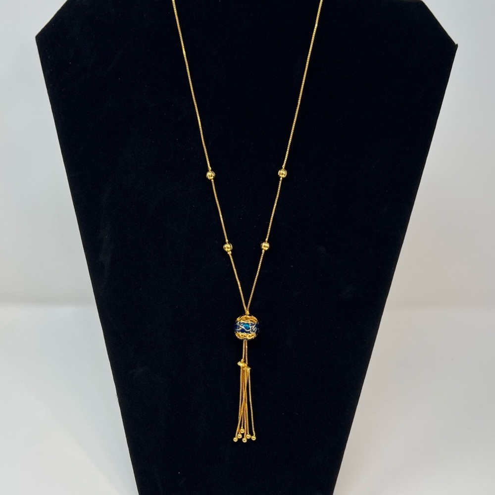Xuping Necklace Gold Tone Blue Enamel Round Pendant Fish Design Tassels Beads